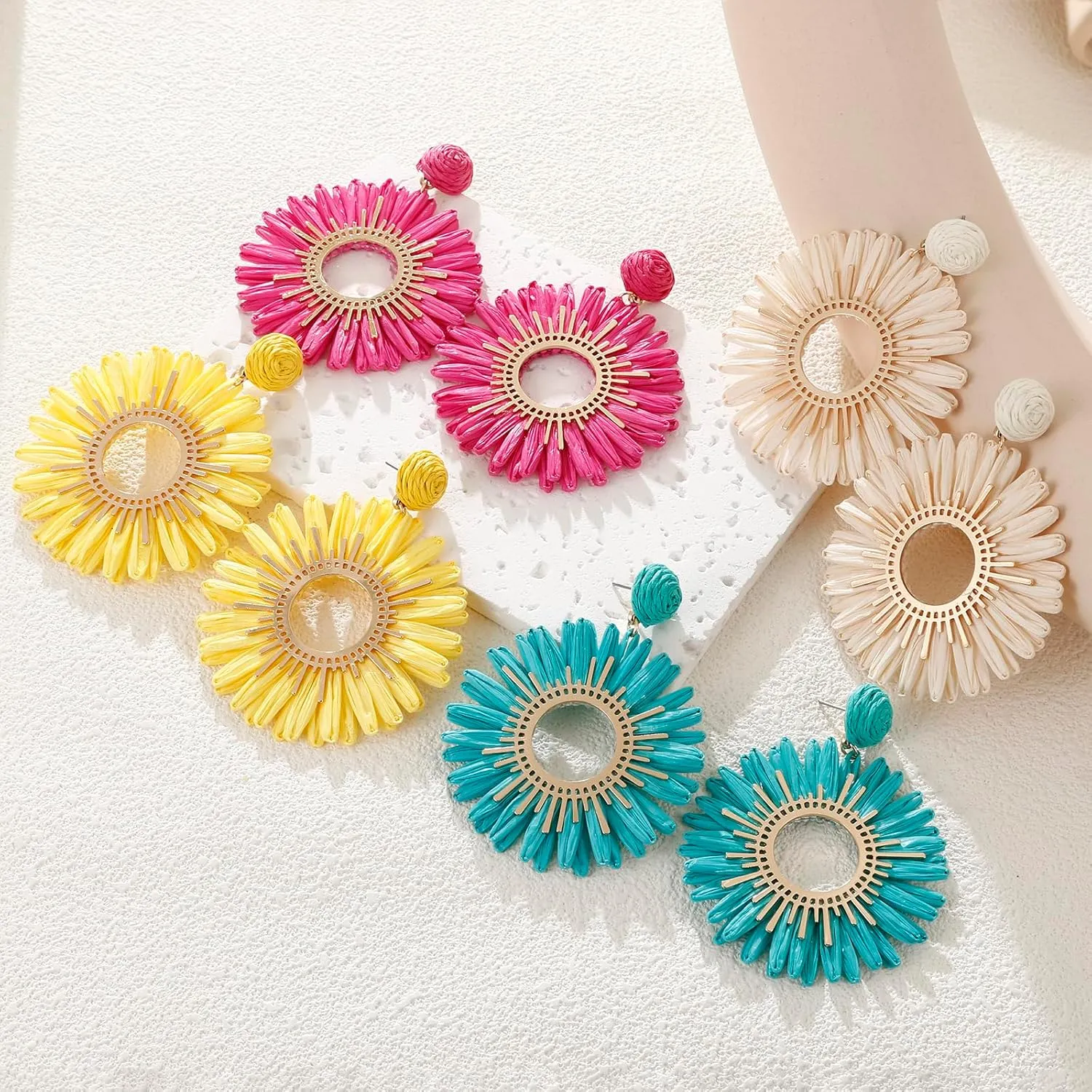 Large Raffia Sunflower Earrings, Handmade Raffia Statement Drop and Dangle Earrings Summer Tropical Beach Jewelry