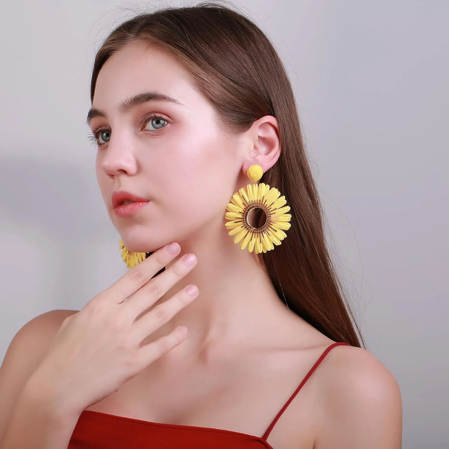 Large Raffia Sunflower Earrings, Handmade Raffia Statement Drop and Dangle Earrings Summer Tropical Beach Jewelry