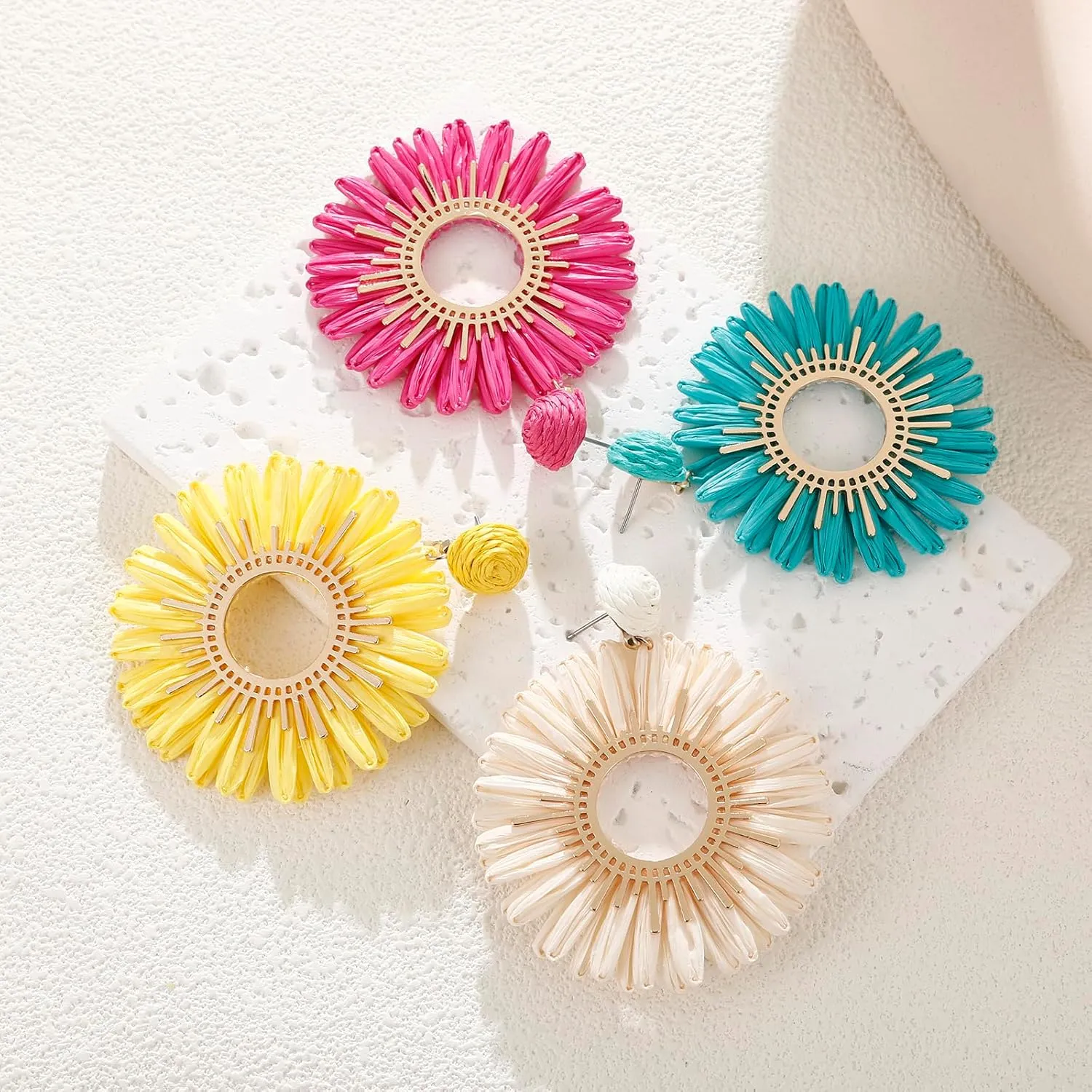 Large Raffia Sunflower Earrings, Handmade Raffia Statement Drop and Dangle Earrings Summer Tropical Beach Jewelry