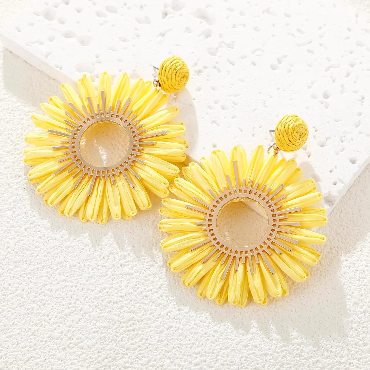 Large Raffia Sunflower Earrings, Handmade Raffia Statement Drop and Dangle Earrings Summer Tropical Beach Jewelry