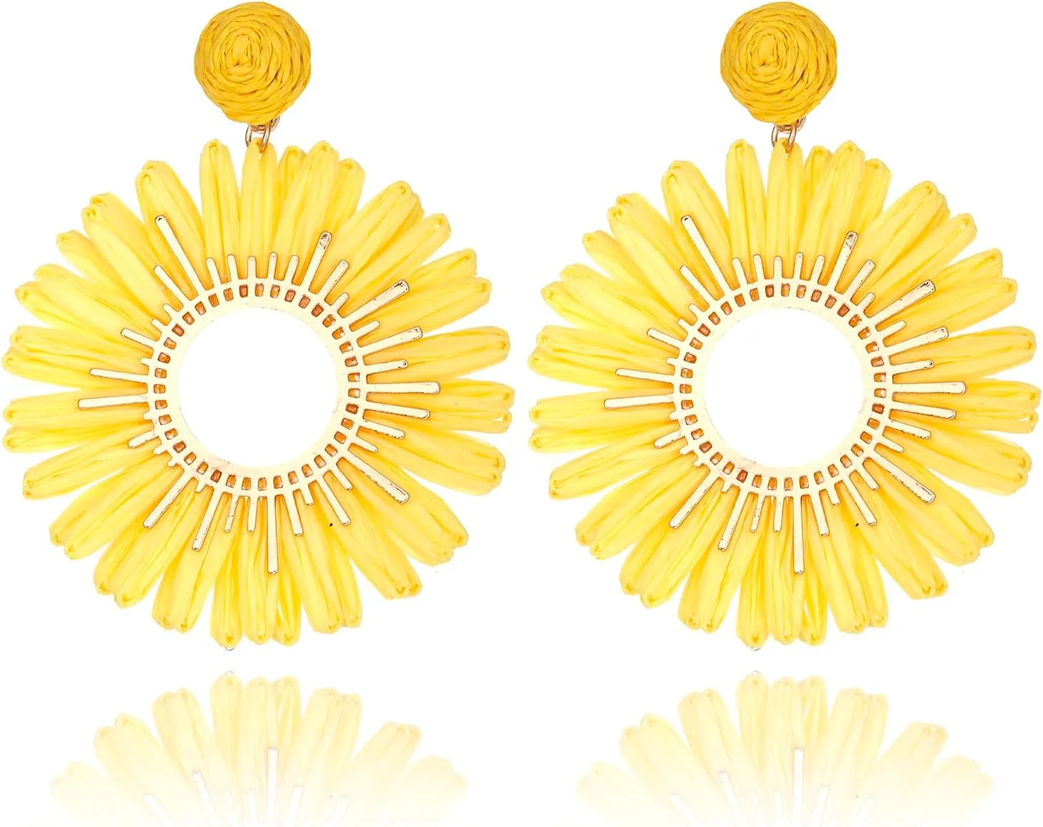 Large Raffia Sunflower Earrings, Handmade Raffia Statement Drop and Dangle Earrings Summer Tropical Beach Jewelry