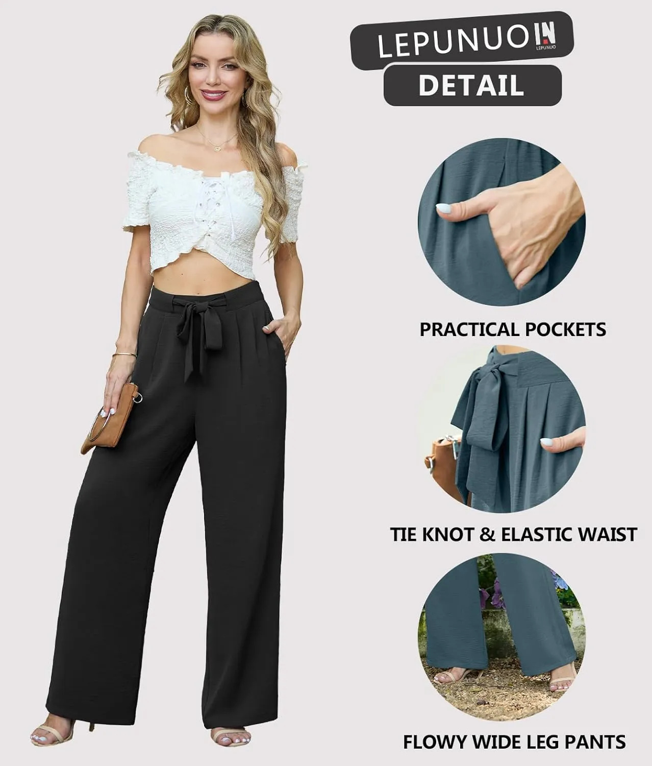 Lepunuo Women's High Waisted Wide Leg Flowy Pants Casual Palazzo Pants Work Adjustable Tie Knot Pants with Pockets