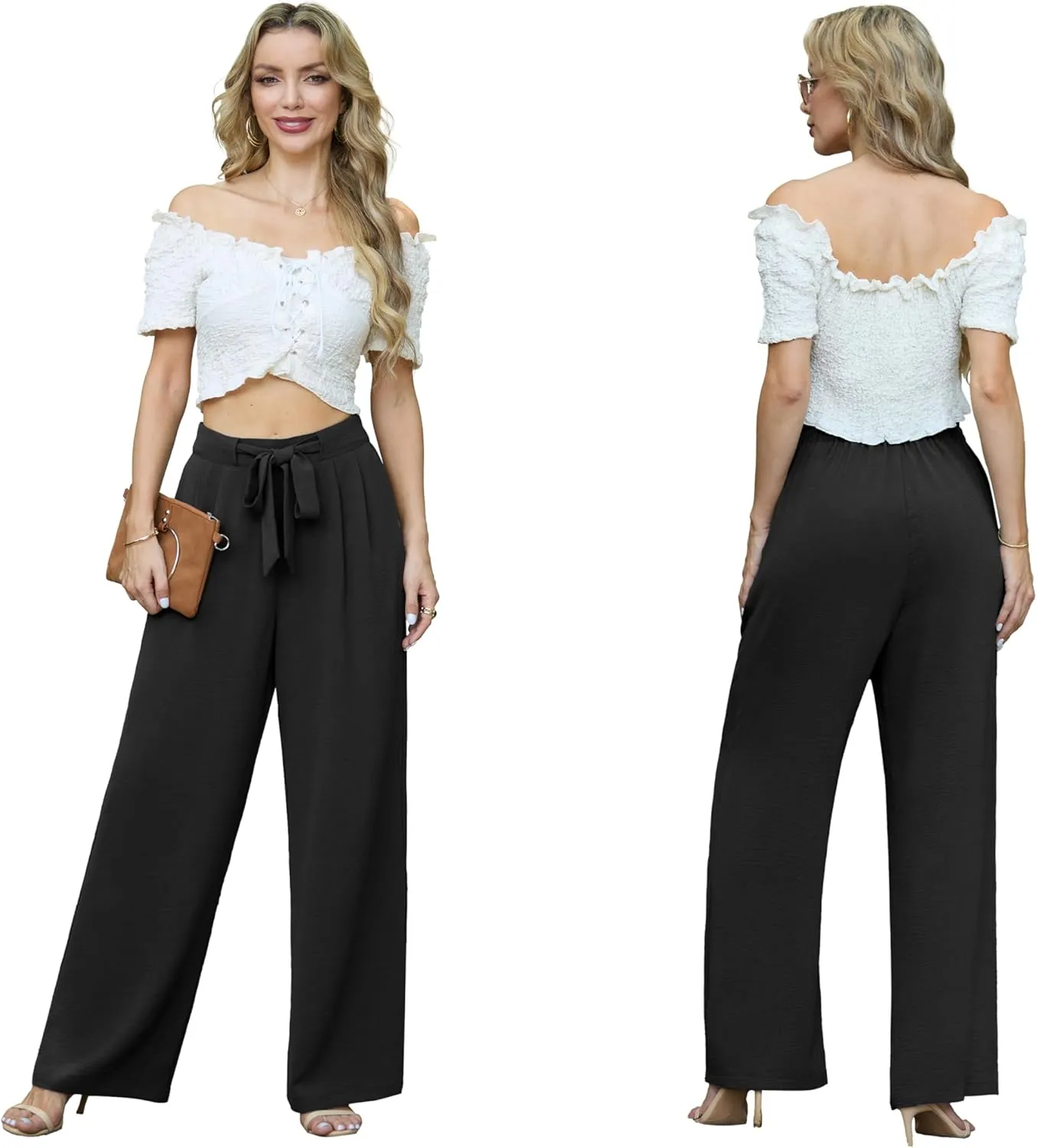 Lepunuo Women's High Waisted Wide Leg Flowy Pants Casual Palazzo Pants Work Adjustable Tie Knot Pants with Pockets