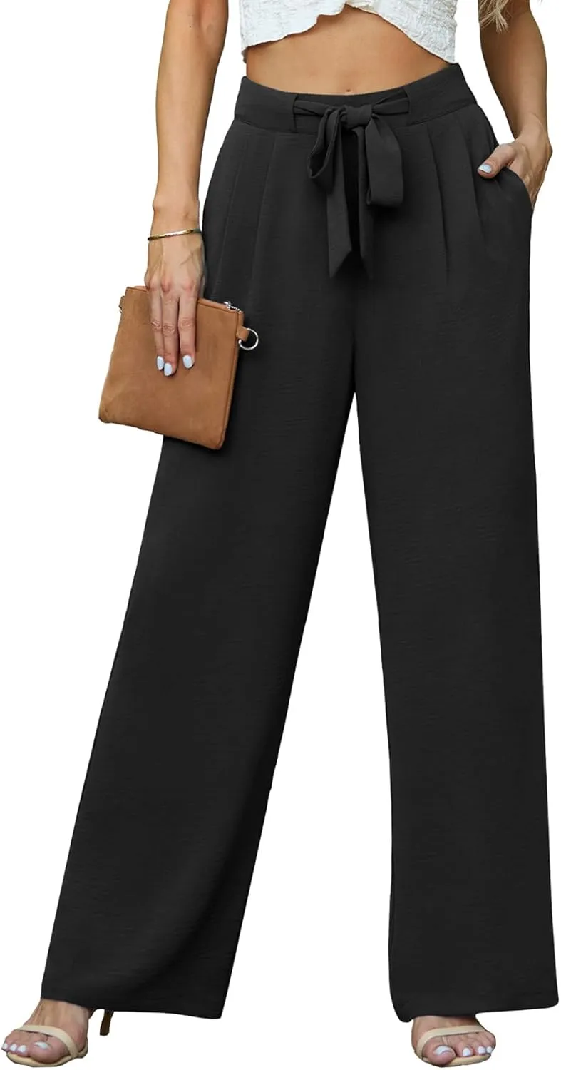 Lepunuo Women's High Waisted Wide Leg Flowy Pants Casual Palazzo Pants Work Adjustable Tie Knot Pants with Pockets