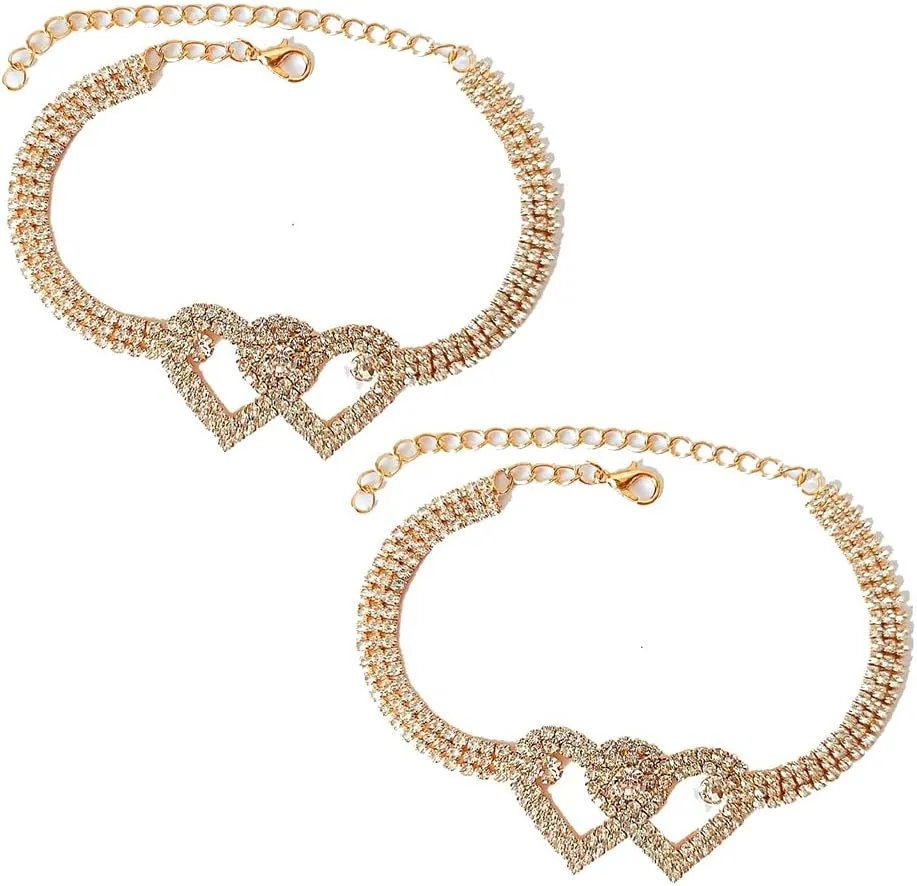 Magik 2-4 Pack Love Chain Double Heart Anklet Bracelet Bling Crystal Ankle Barefoot.