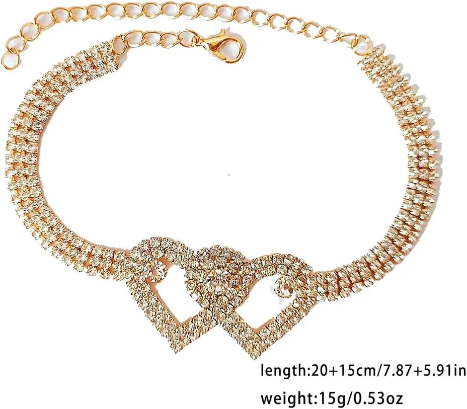 Magik 2-4 Pack Love Chain Double Heart Anklet Bracelet Bling Crystal Ankle Barefoot.