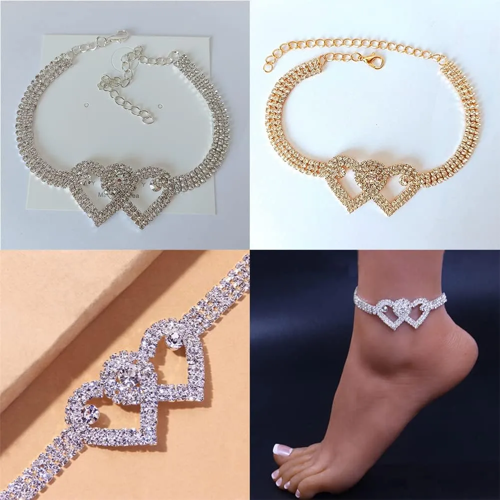 Magik 2-4 Pack Love Chain Double Heart Anklet Bracelet Bling Crystal Ankle Barefoot.