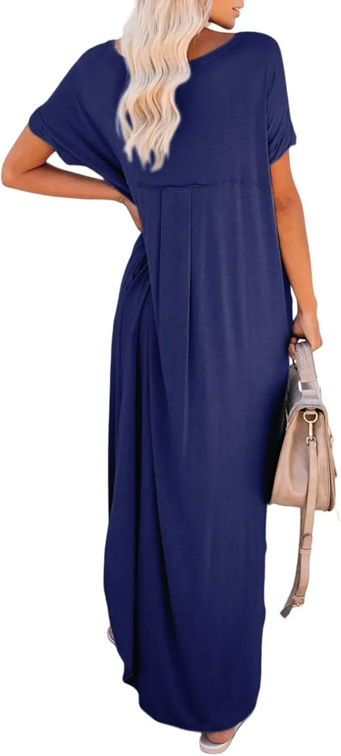 Maxi Dress for Women Summer Casual Loose Short Sleeve Long T Shirt Dress Split Beach Sundress Travel Vacation Outfits
