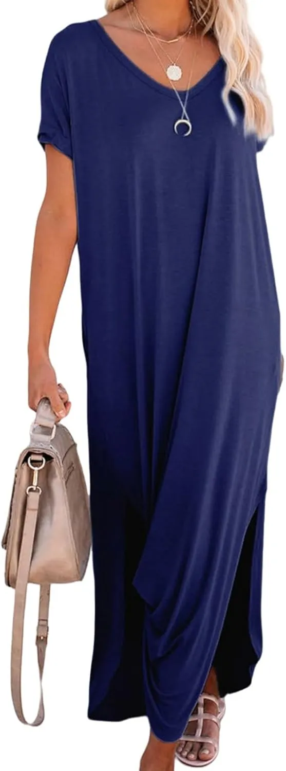 Maxi Dress for Women Summer Casual Loose Short Sleeve Long T Shirt Dress Split Beach Sundress Travel Vacation Outfits
