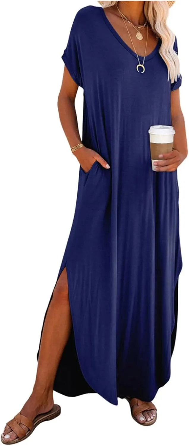 Maxi Dress for Women Summer Casual Loose Short Sleeve Long T Shirt Dress Split Beach Sundress Travel Vacation Outfits