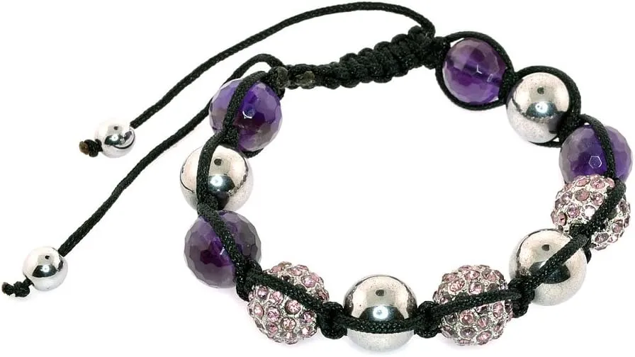 Mevoi Purple Simulated Rhinestone,Silver-Tone Beads Handmade Stretch Bracelet