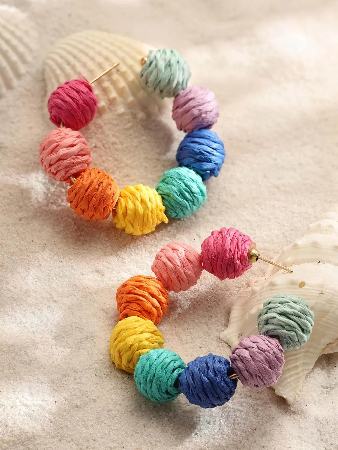 MINACHI Boho Raffia Open Hoop Earrings, Rattan Beaded Earrings, Vintage Bohemian Hippie Summer Statement Jewelry Gift for Women