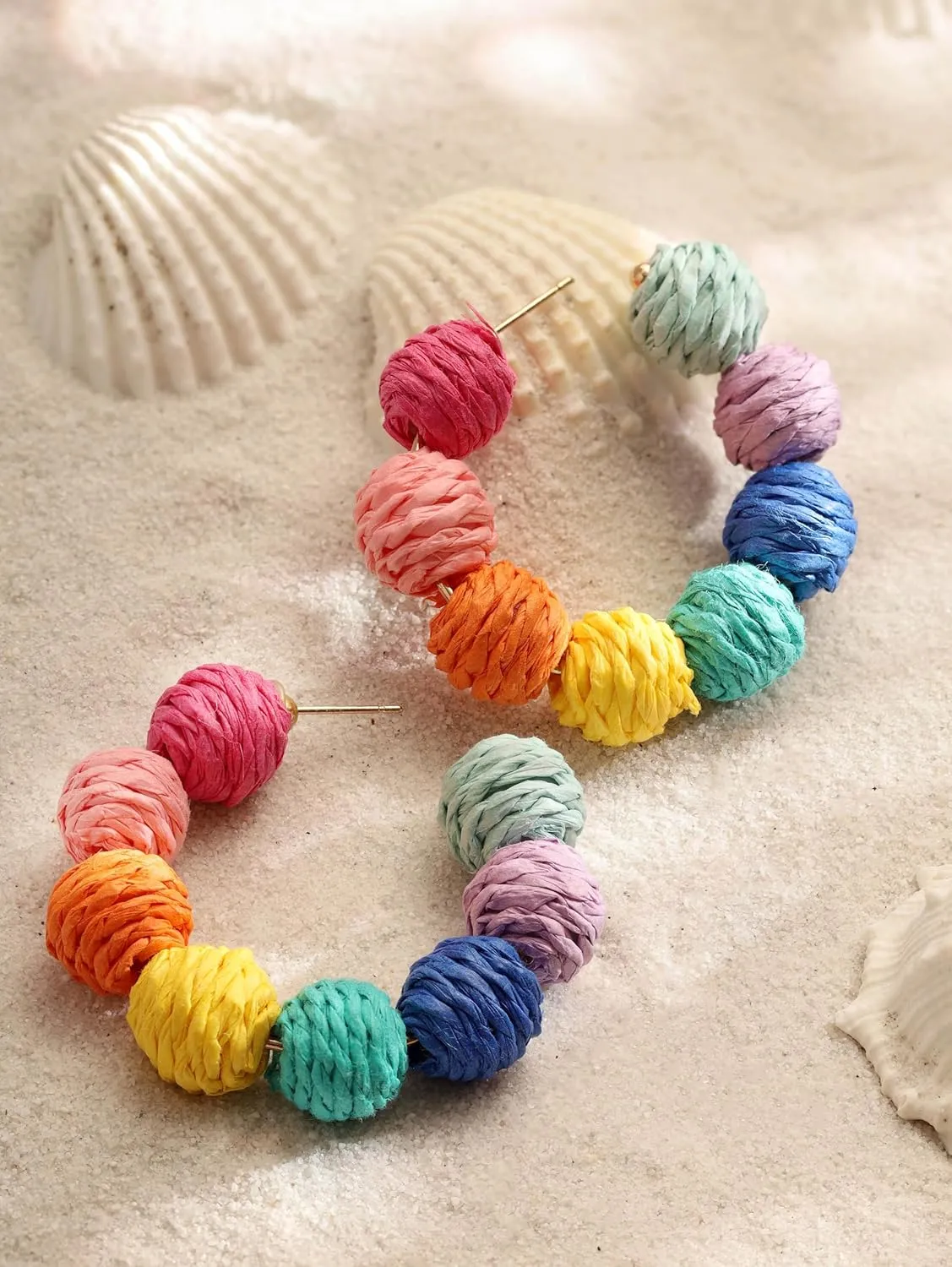 MINACHI Boho Raffia Open Hoop Earrings, Rattan Beaded Earrings, Vintage Bohemian Hippie Summer Statement Jewelry Gift for Women
