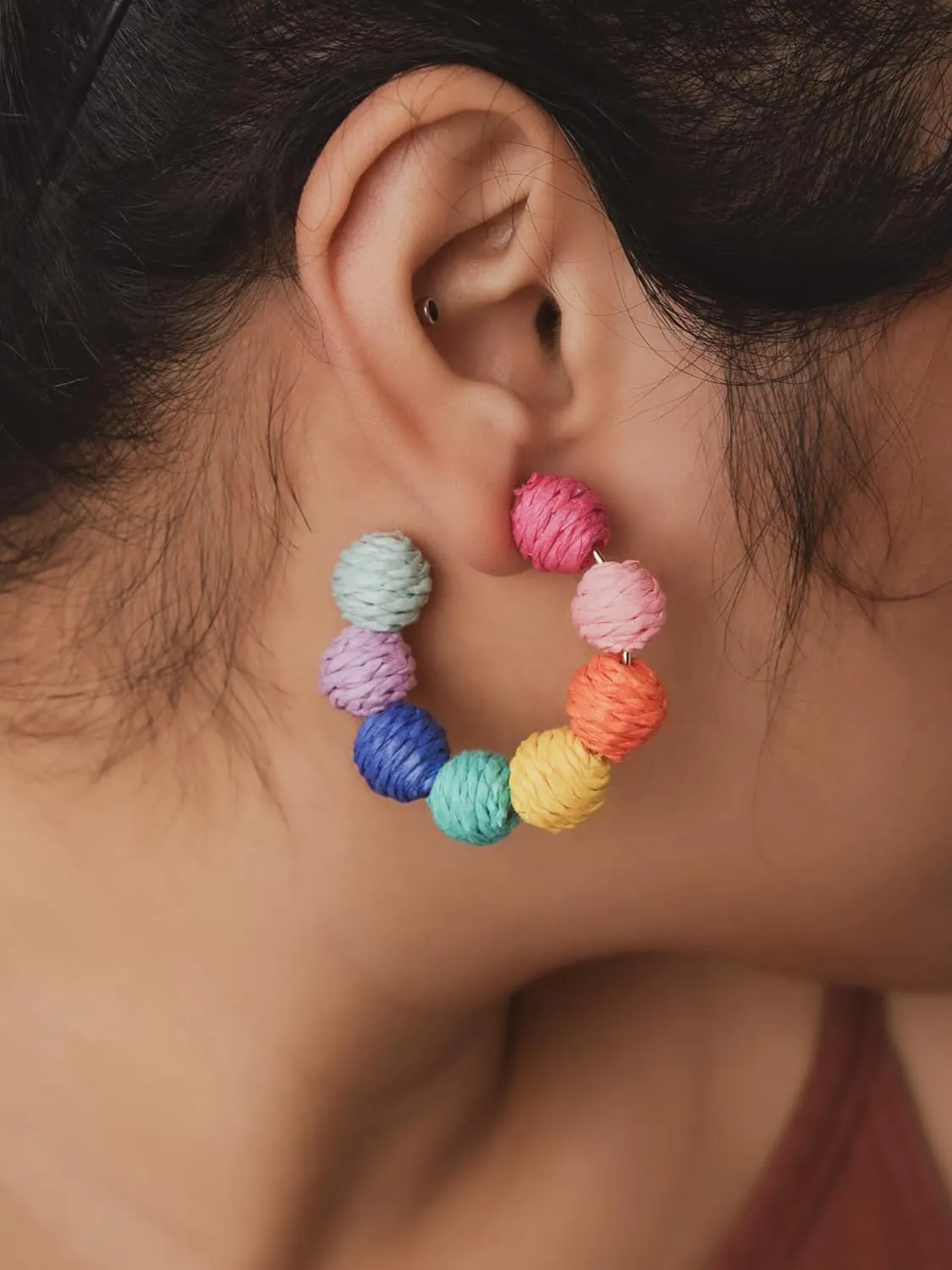 MINACHI Boho Raffia Open Hoop Earrings, Rattan Beaded Earrings, Vintage Bohemian Hippie Summer Statement Jewelry Gift for Women