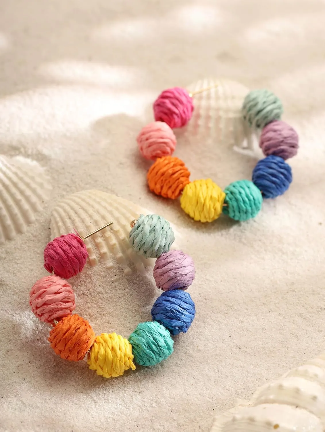 MINACHI Boho Raffia Open Hoop Earrings, Rattan Beaded Earrings, Vintage Bohemian Hippie Summer Statement Jewelry Gift for Women
