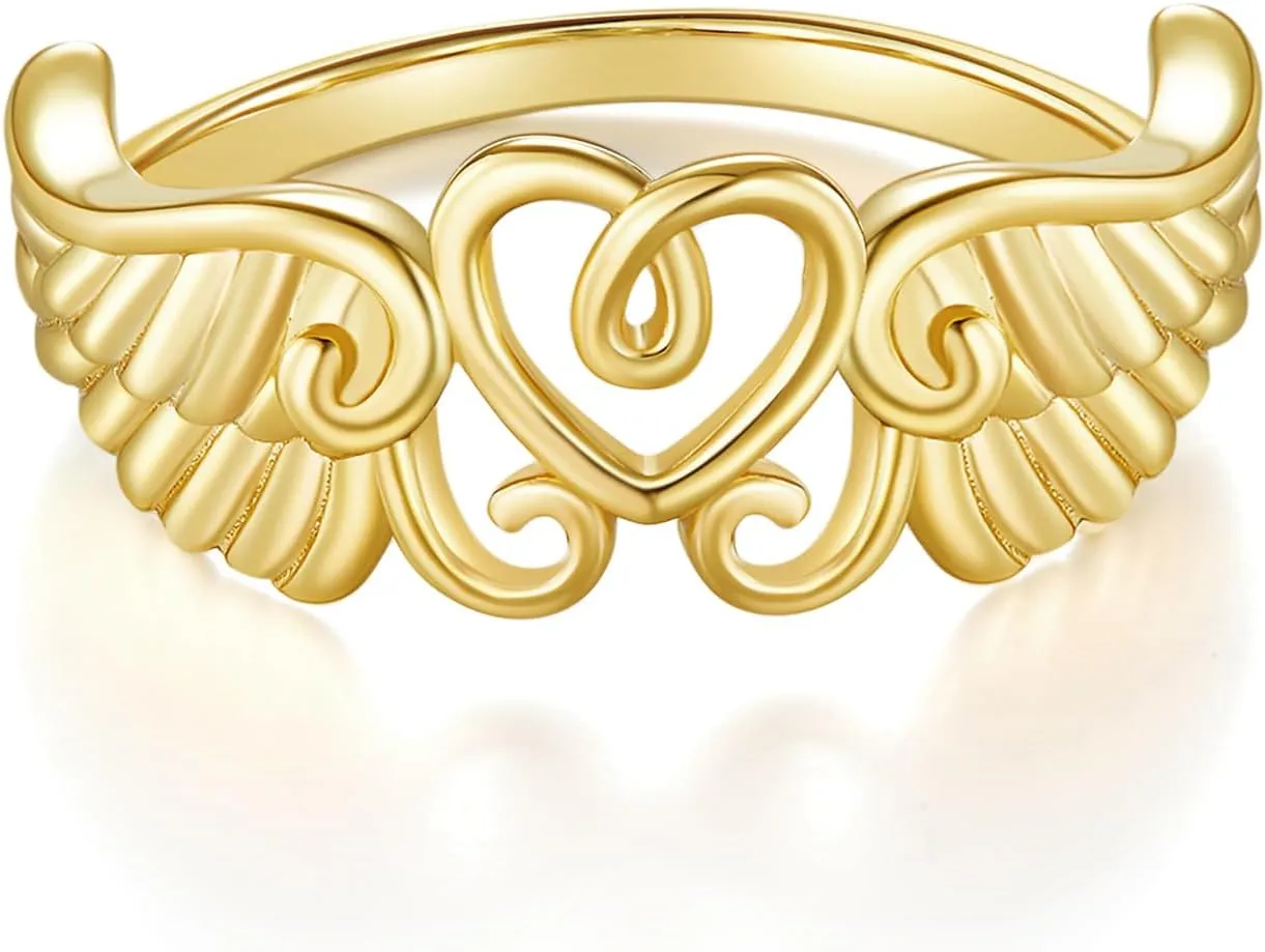 MINDDHA 14K Gold/White Gold Plated Rings- Heart Angel Wings Rings/Silver Rings, Gold Rings for Women- 10mm Band Size 4-12