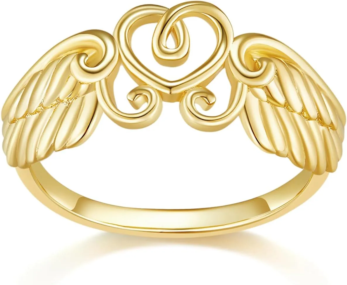 MINDDHA 14K Gold/White Gold Plated Rings- Heart Angel Wings Rings/Silver Rings, Gold Rings for Women- 10mm Band Size 4-12