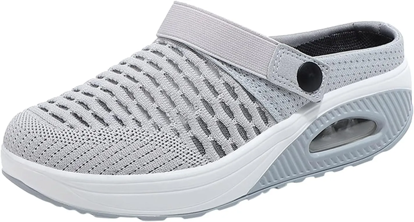 Mules Clogs for Women Air Cushion Mules Sneaker Breathable Mesh Platform Wedge Sandals Arch-Support Closed Toe Outdoor Slippers