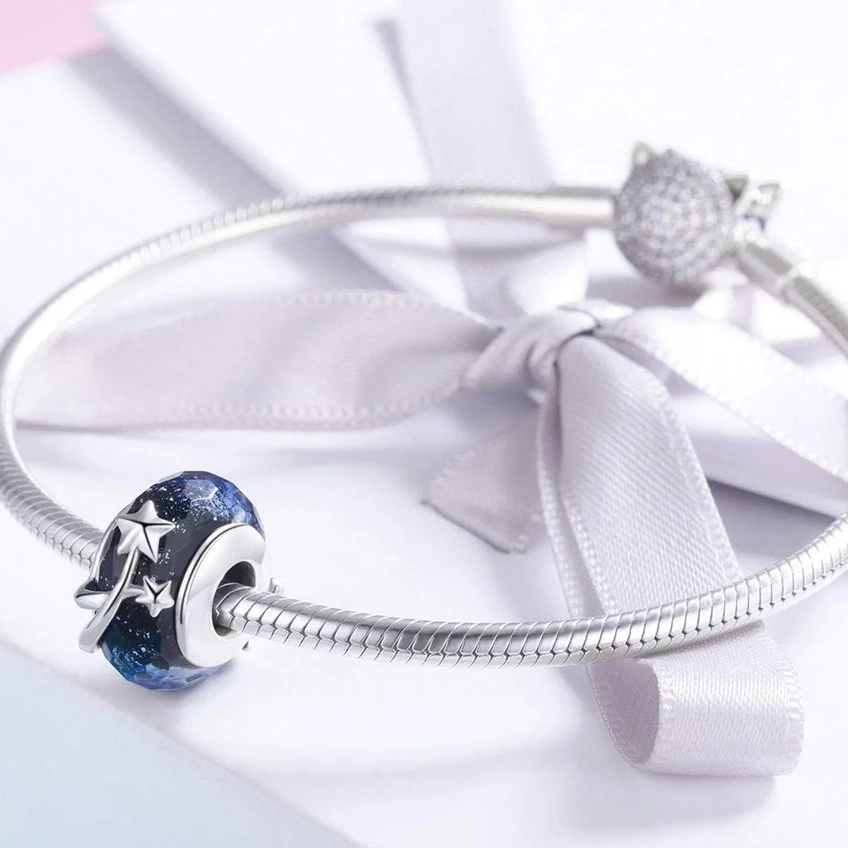 Murano Glass Beads Authentic 925 Sterling Silver Charms Core Faceted Christmas Snowflake Flower Star Glass Charms Bracelet For Women