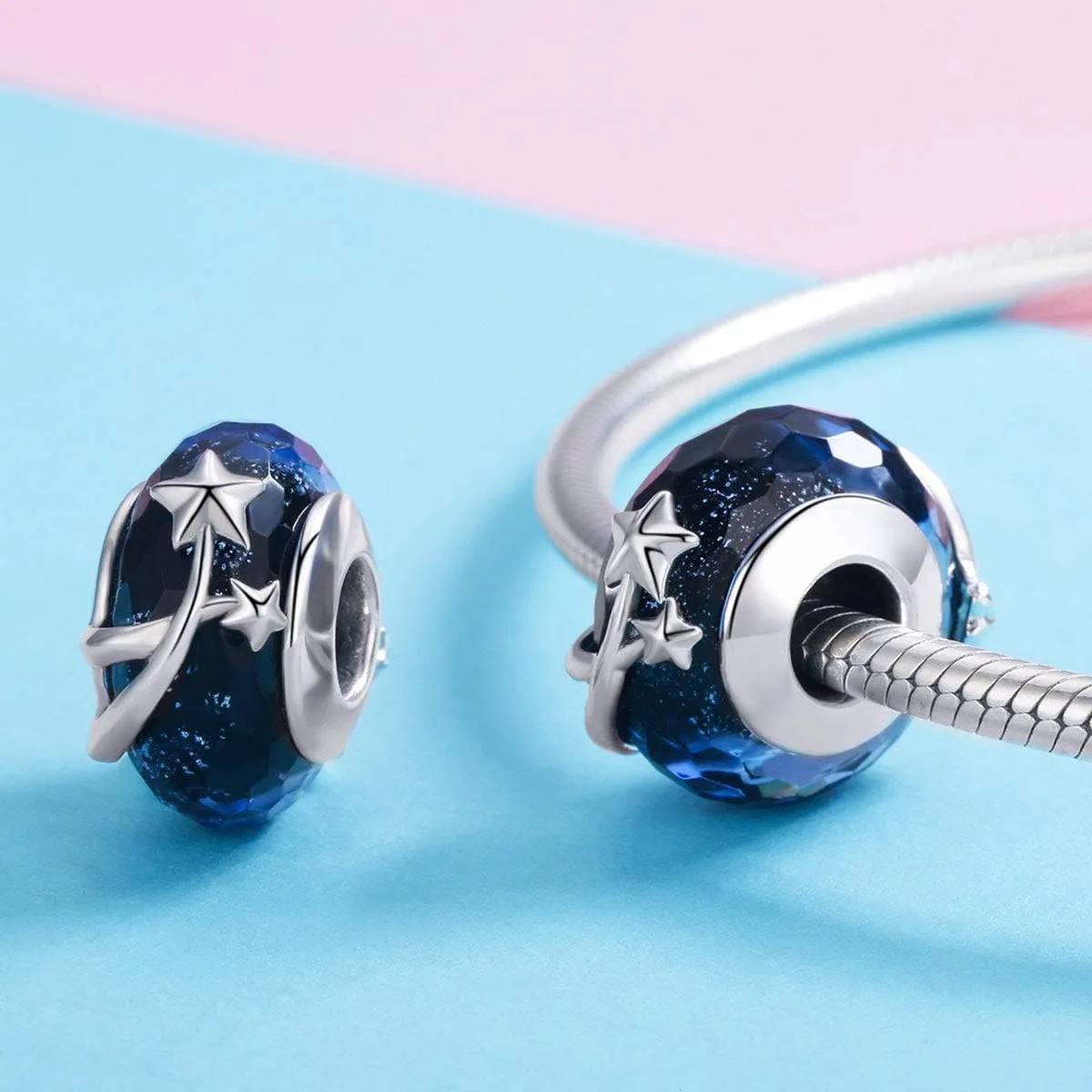 Murano Glass Beads Authentic 925 Sterling Silver Charms Core Faceted Christmas Snowflake Flower Star Glass Charms Bracelet For Women