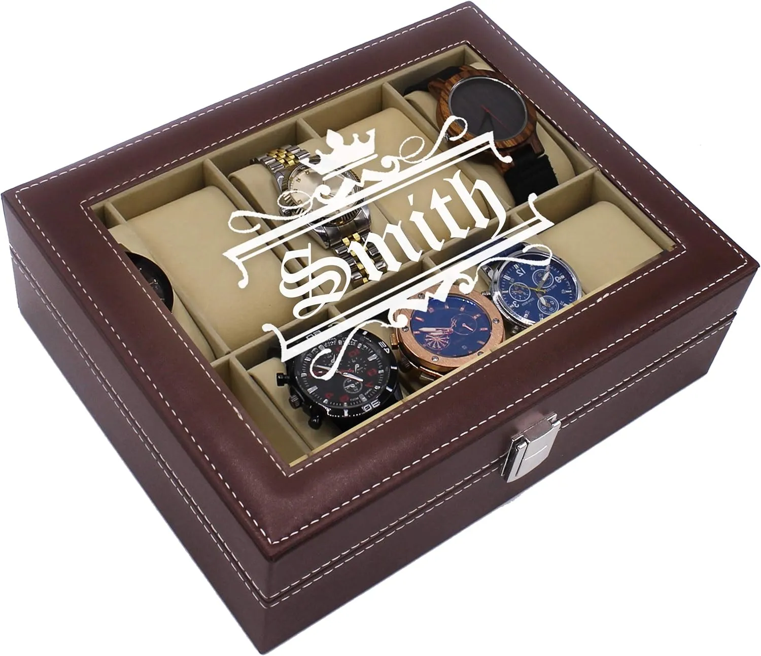 My Personal Memories Custom Engraved Watch Storage Case Box - Groomsmen Father's Day Gift - Customized - Crown Style (Brown)
