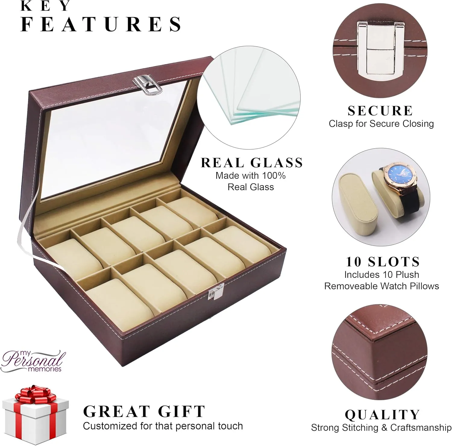 My Personal Memories Custom Engraved Watch Storage Case Box - Groomsmen Father's Day Gift - Customized - Crown Style (Brown)