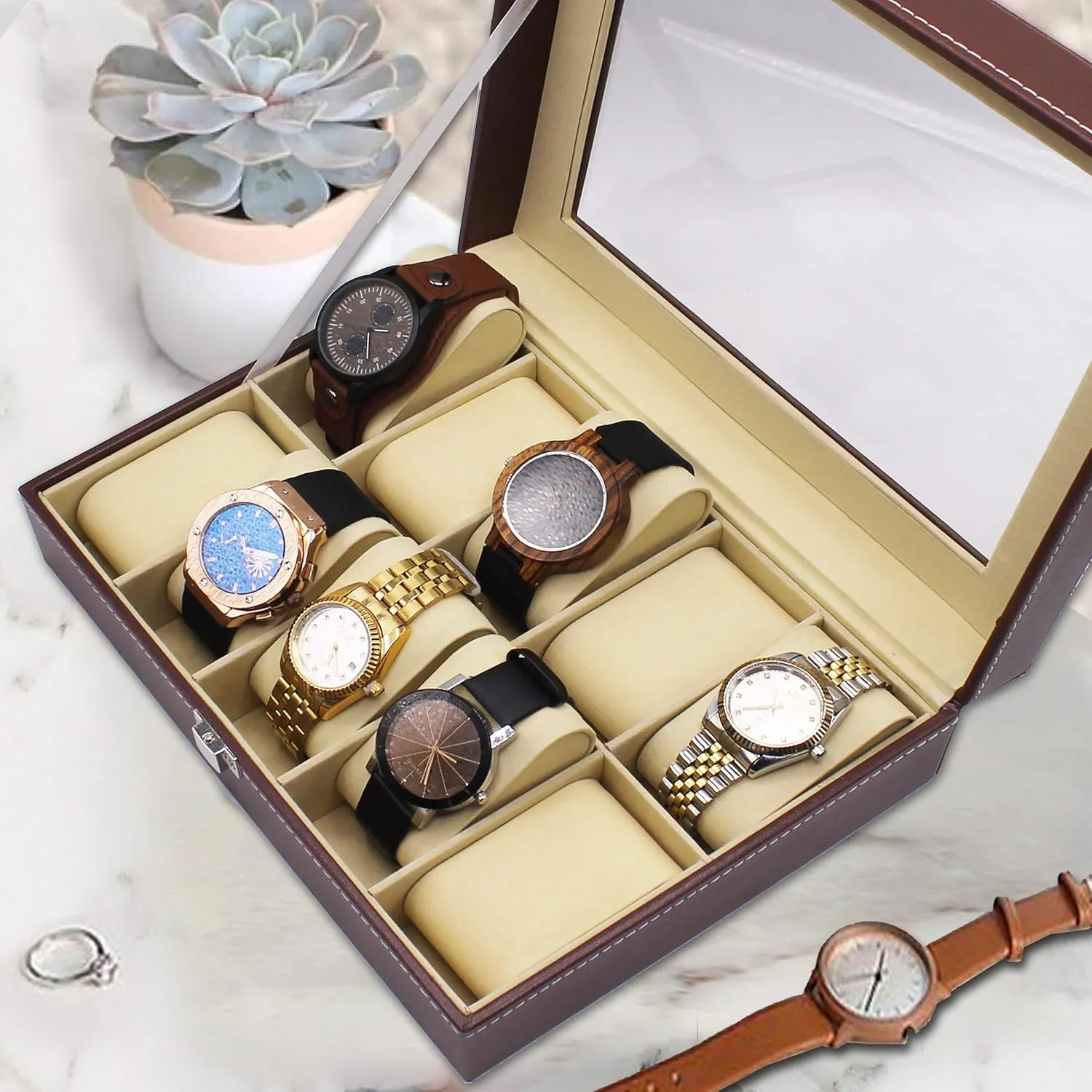 My Personal Memories Custom Engraved Watch Storage Case Box - Groomsmen Father's Day Gift - Customized - Crown Style (Brown)