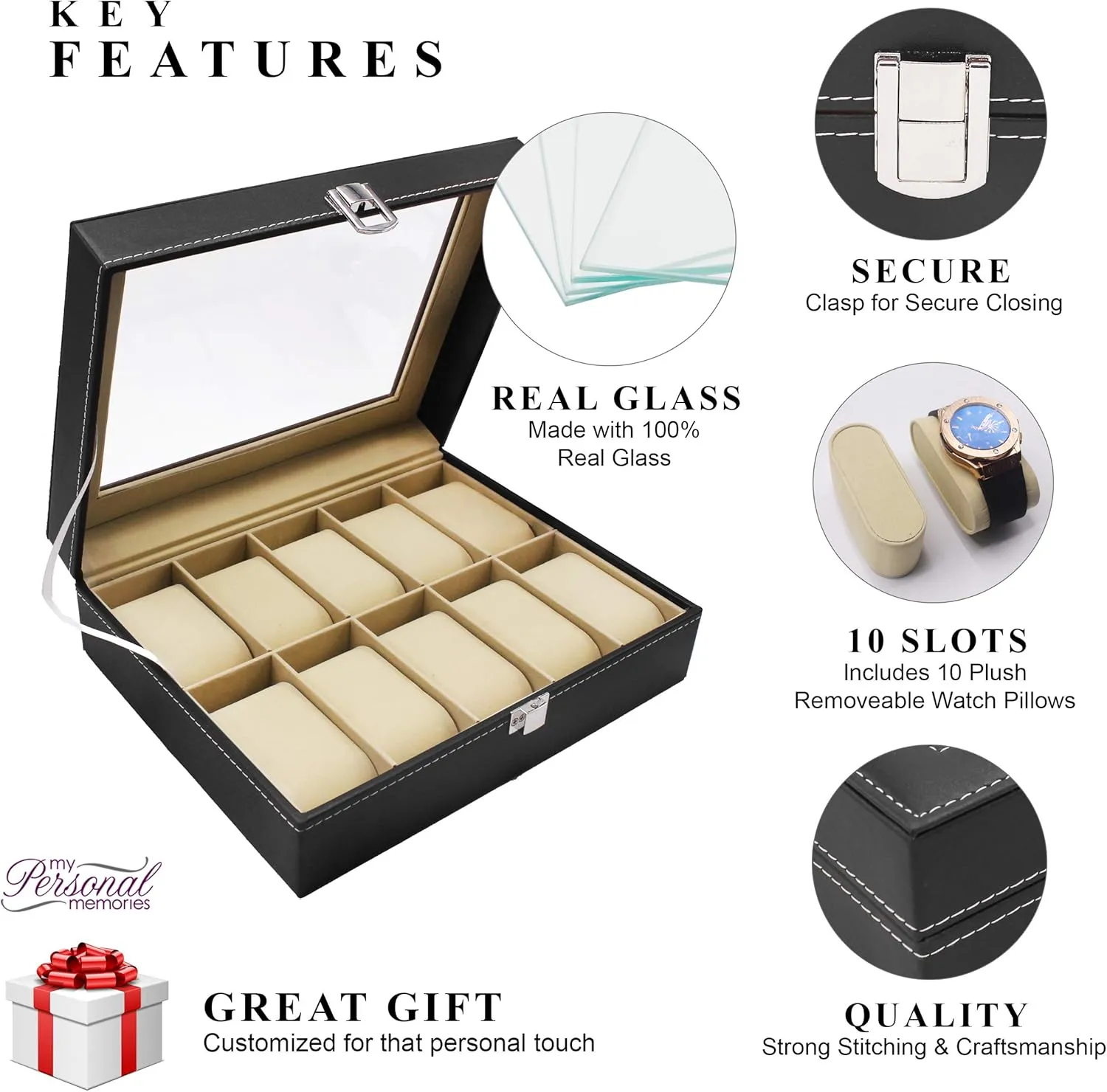 My Personal Memories Custom Engraved Watch Storage Case Box - Groomsmen Father's Day Gift - Personalized - Crown Style (Black)