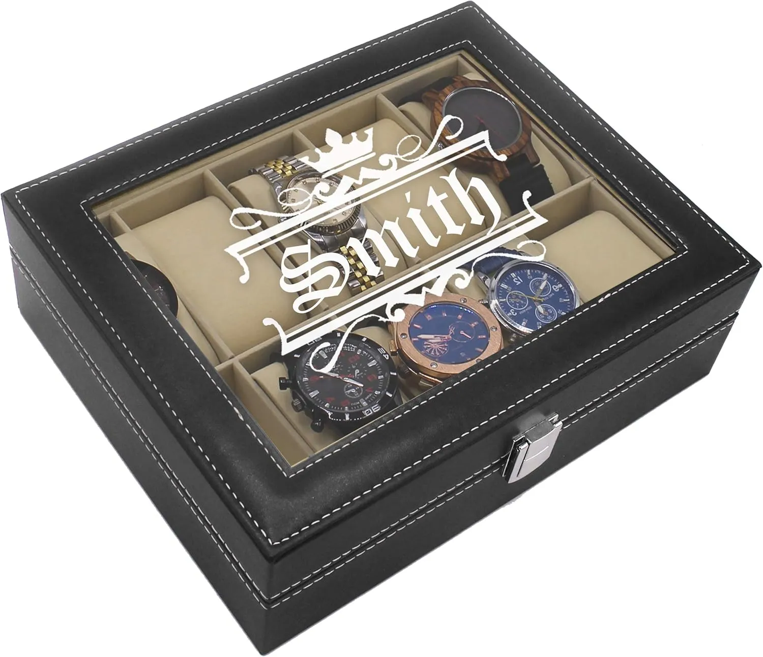 My Personal Memories Custom Engraved Watch Storage Case Box - Groomsmen Father's Day Gift - Personalized - Crown Style (Black)