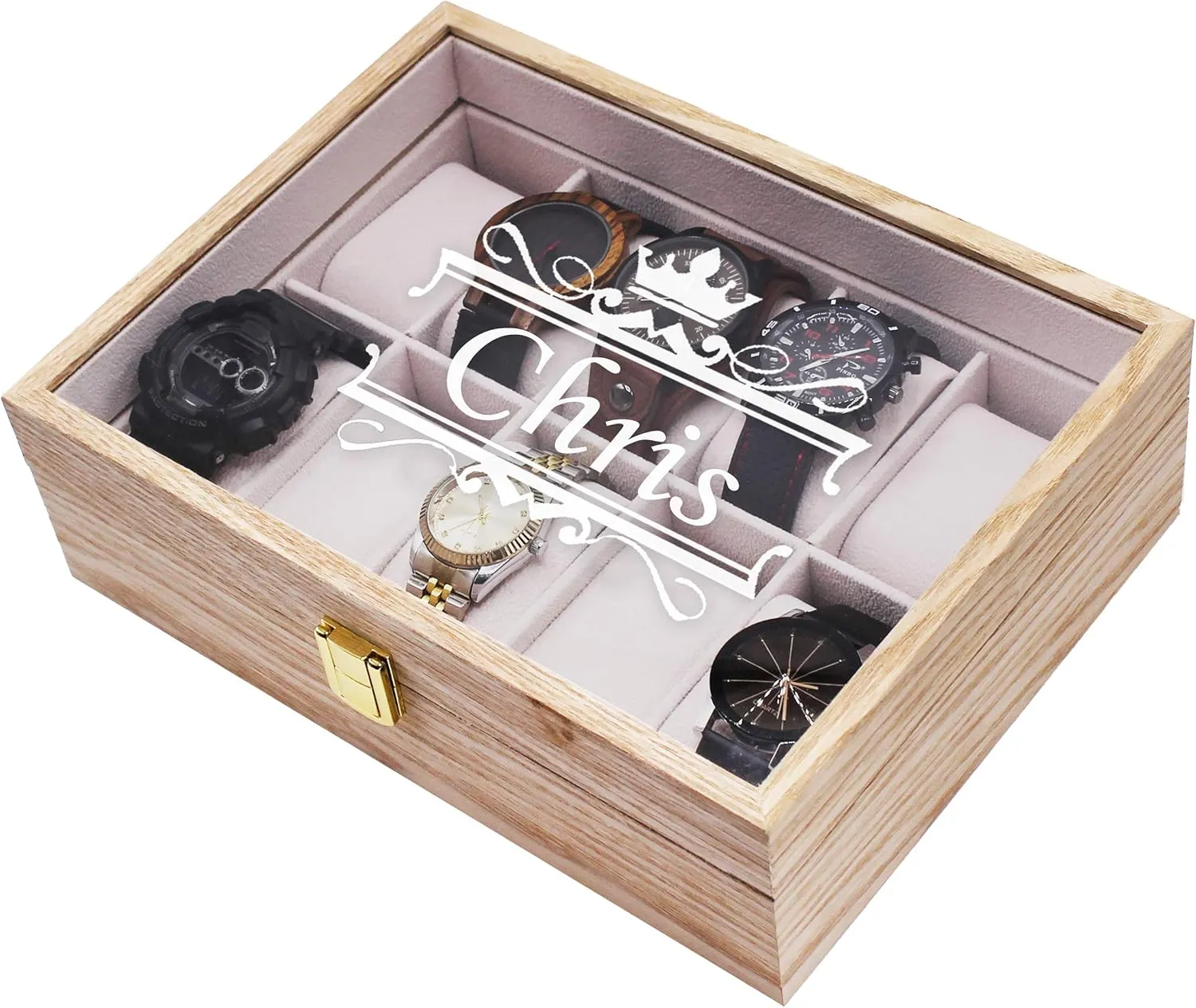 My Personal Memories Custom Engraved Watch Storage Case Box - Groomsmen Father's Day Gift - Personalized - Crown Style (Distressed Wood)