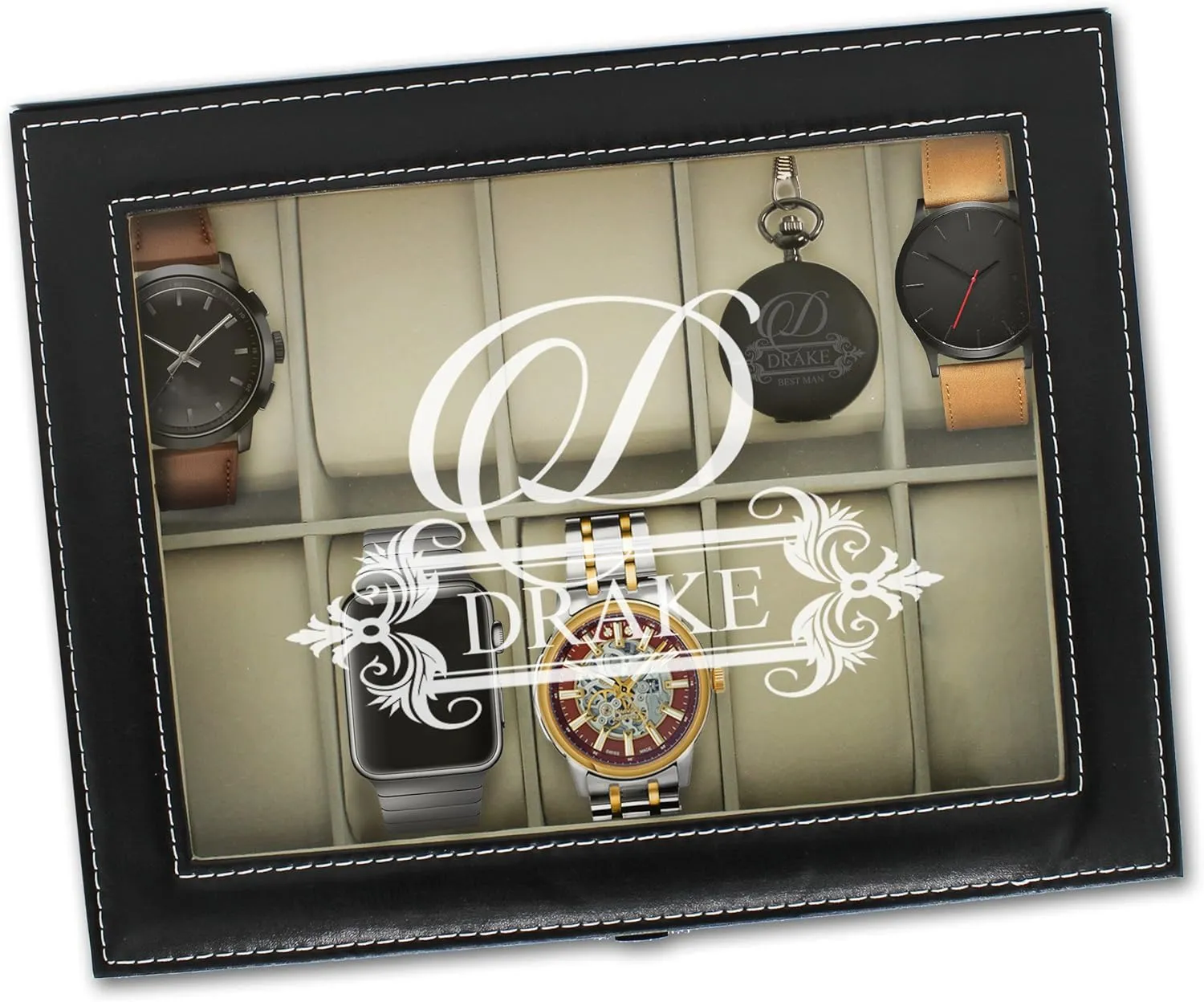 My Personal Memories Custom Personalized Watch Storage Box Glass Display Case for Men, Him, Husband - Engraved and Monogrammed (Black)