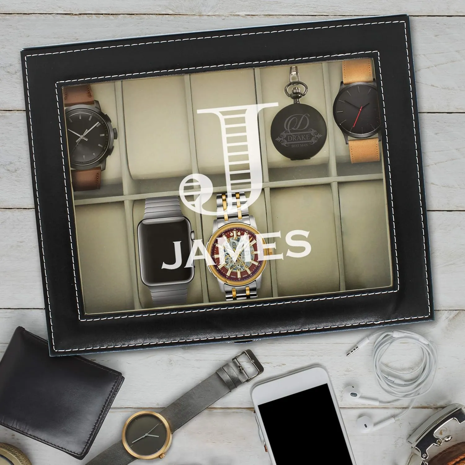 My Personal Memories Custom Personalized Watch Storage Box Glass Display Case for Men, Him, Husband - Engraved and Monogrammed (Black)