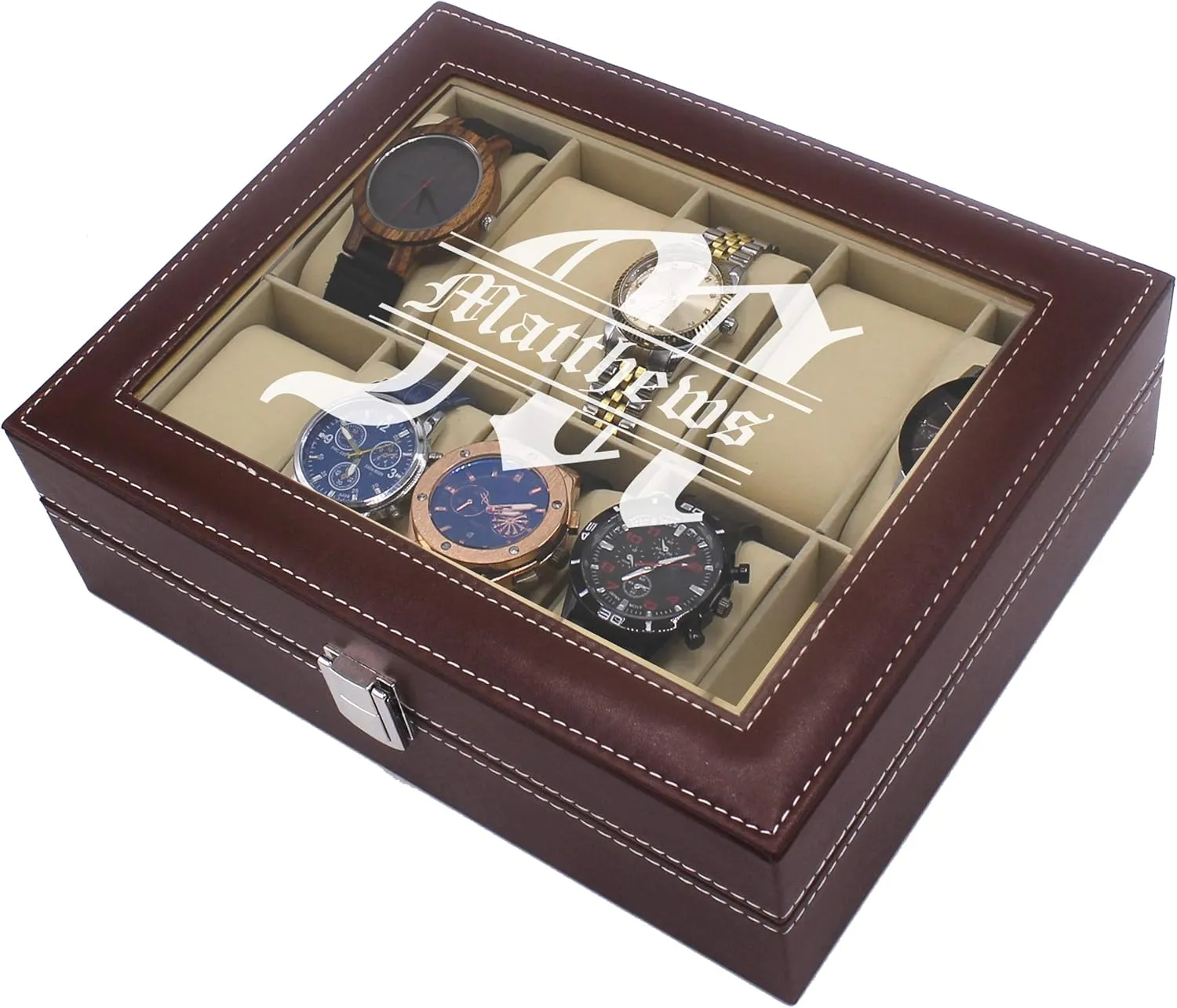 My Personal Memories Custom Personalized Watch Storage Box Glass Display Case for Men, Him, Husband - Engraved and Monogrammed (Brown)