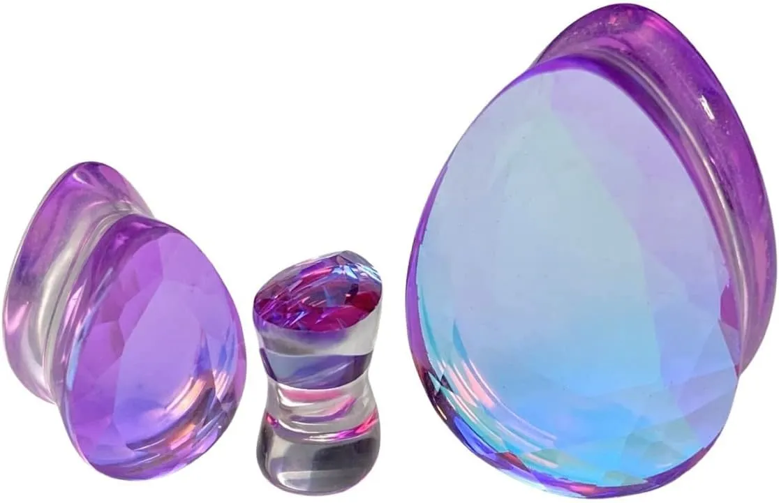 Mystic Metals Body Jewelry Pair of Purple Faceted Iridescent Glass Teardrop Double Flare Plugs (PG-589)