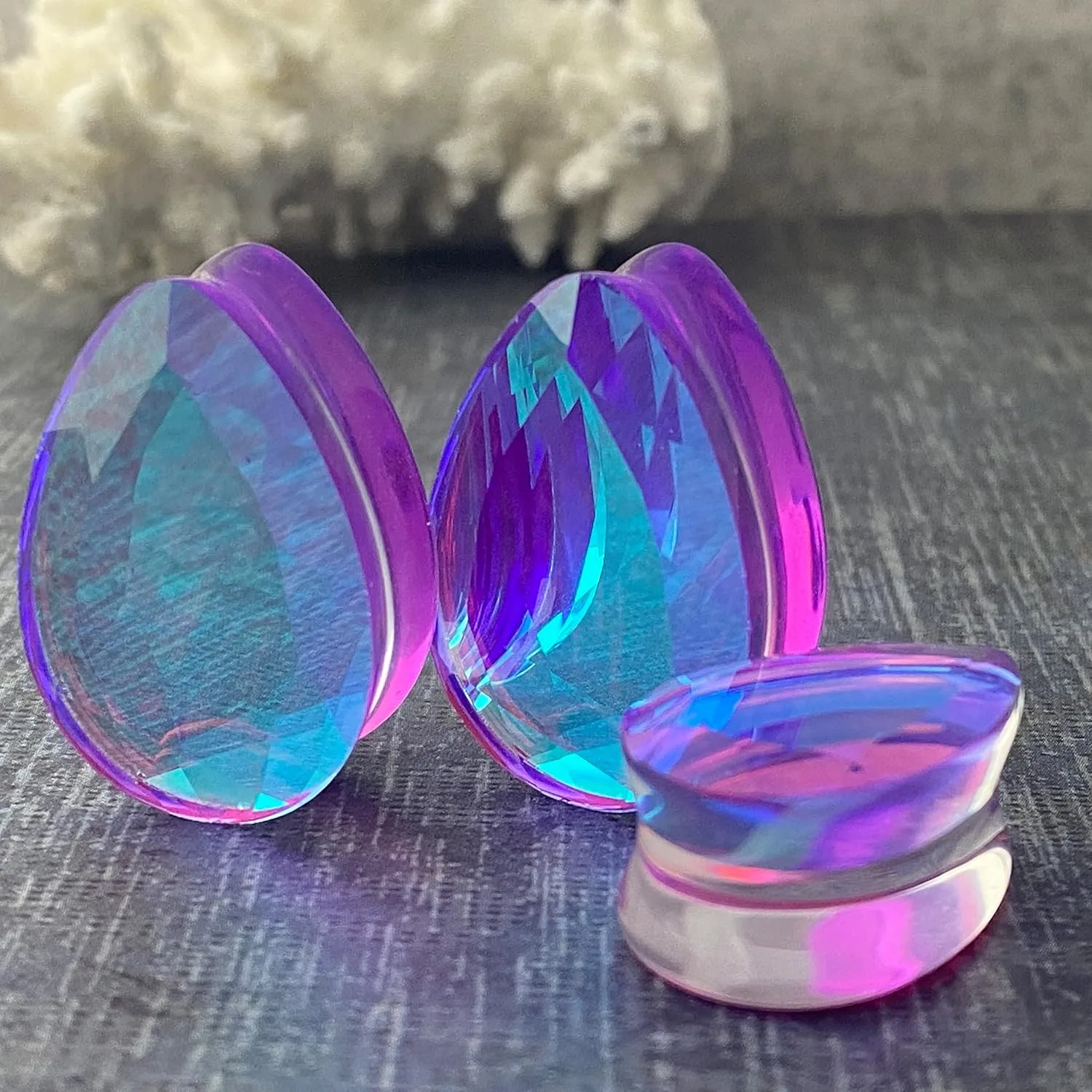 Mystic Metals Body Jewelry Pair of Purple Faceted Iridescent Glass Teardrop Double Flare Plugs (PG-589)