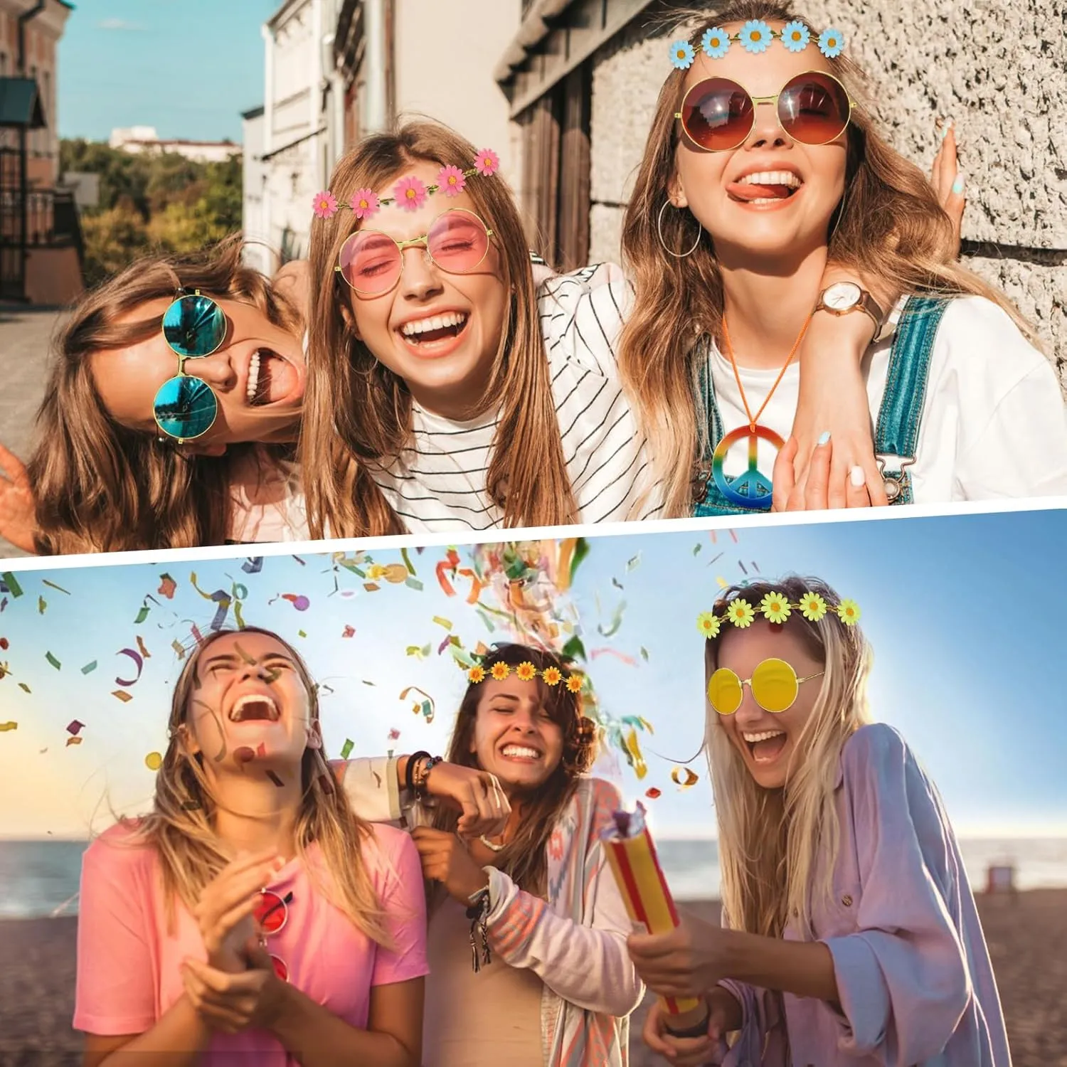 NEBURORA 18Pcs Hippie Costume Accessories Set 60s 70s Hippie Costume Accessories Set Daisy Headband Peace Sign Necklaces Hippie Sunglasses Costume Supplies for Carnival Party