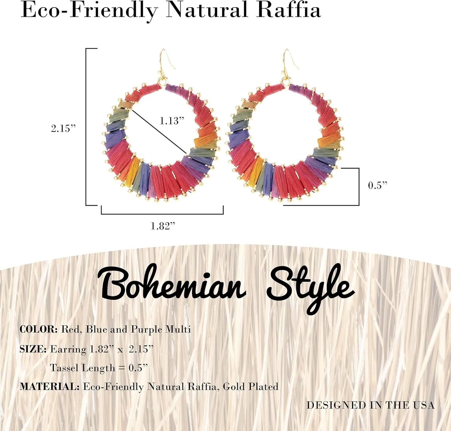 NTLX Boho Raffia Earrings - Statement Hoop Circle Drop Earrings  Bohemian Earrings for Women  Natural Cute Handmade - Gift Box included
