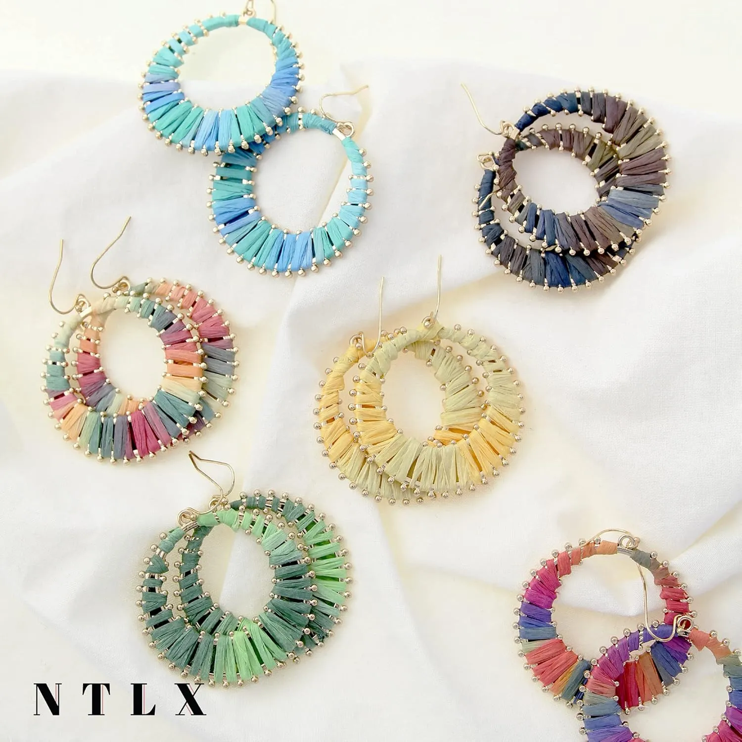 NTLX Boho Raffia Earrings - Statement Hoop Circle Drop Earrings  Bohemian Earrings for Women  Natural Cute Handmade - Gift Box included