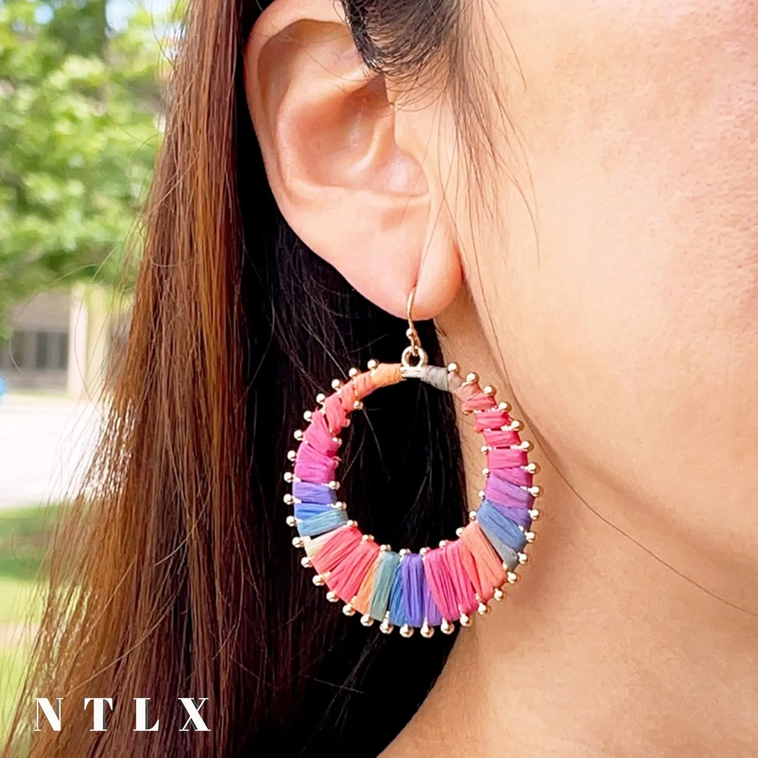 NTLX Boho Raffia Earrings - Statement Hoop Circle Drop Earrings  Bohemian Earrings for Women  Natural Cute Handmade - Gift Box included