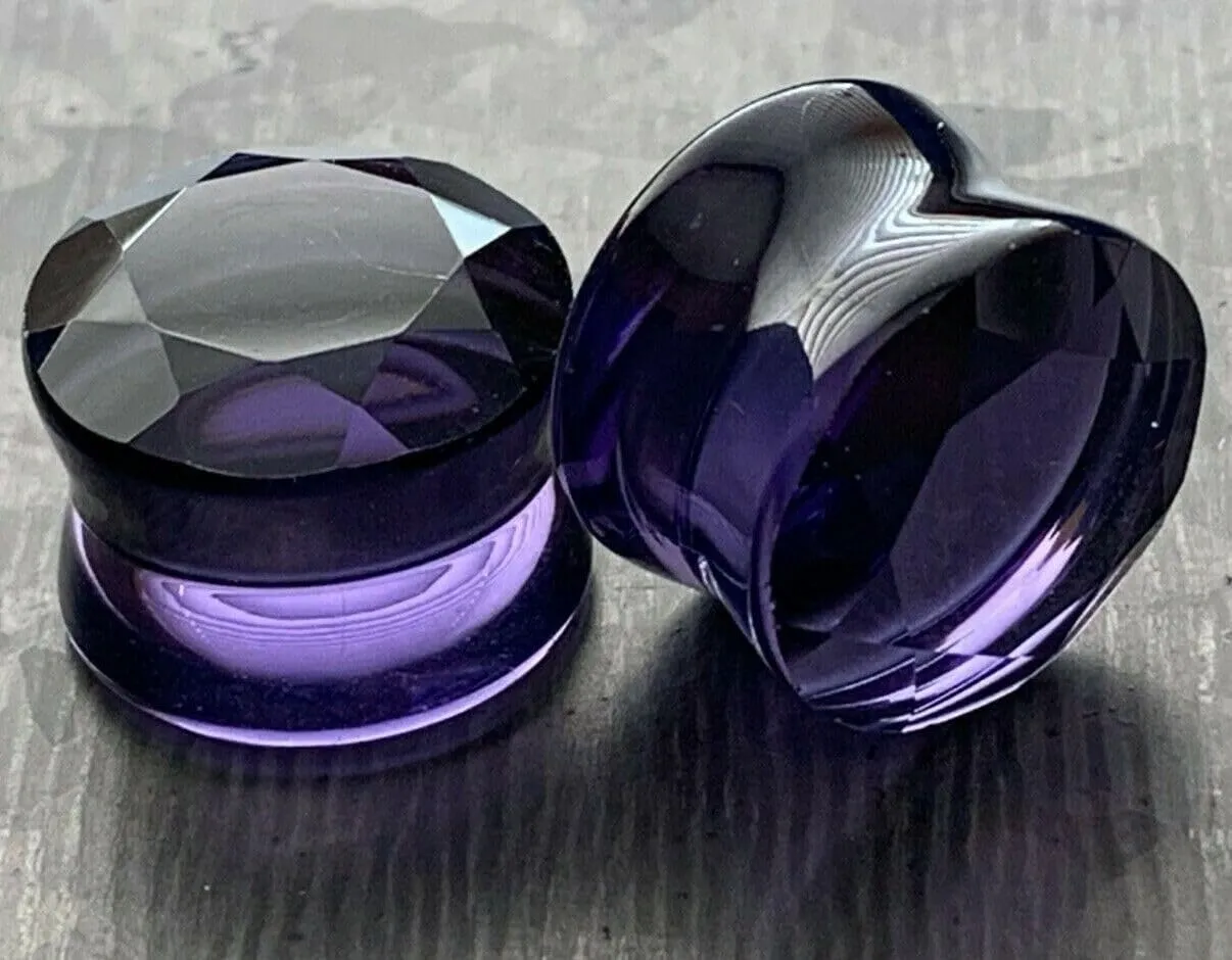 PAIR of Beauiful Faceted Glass Double Flare Plugs Gauges Earlets - 7 Colors Available - Body Jewelry