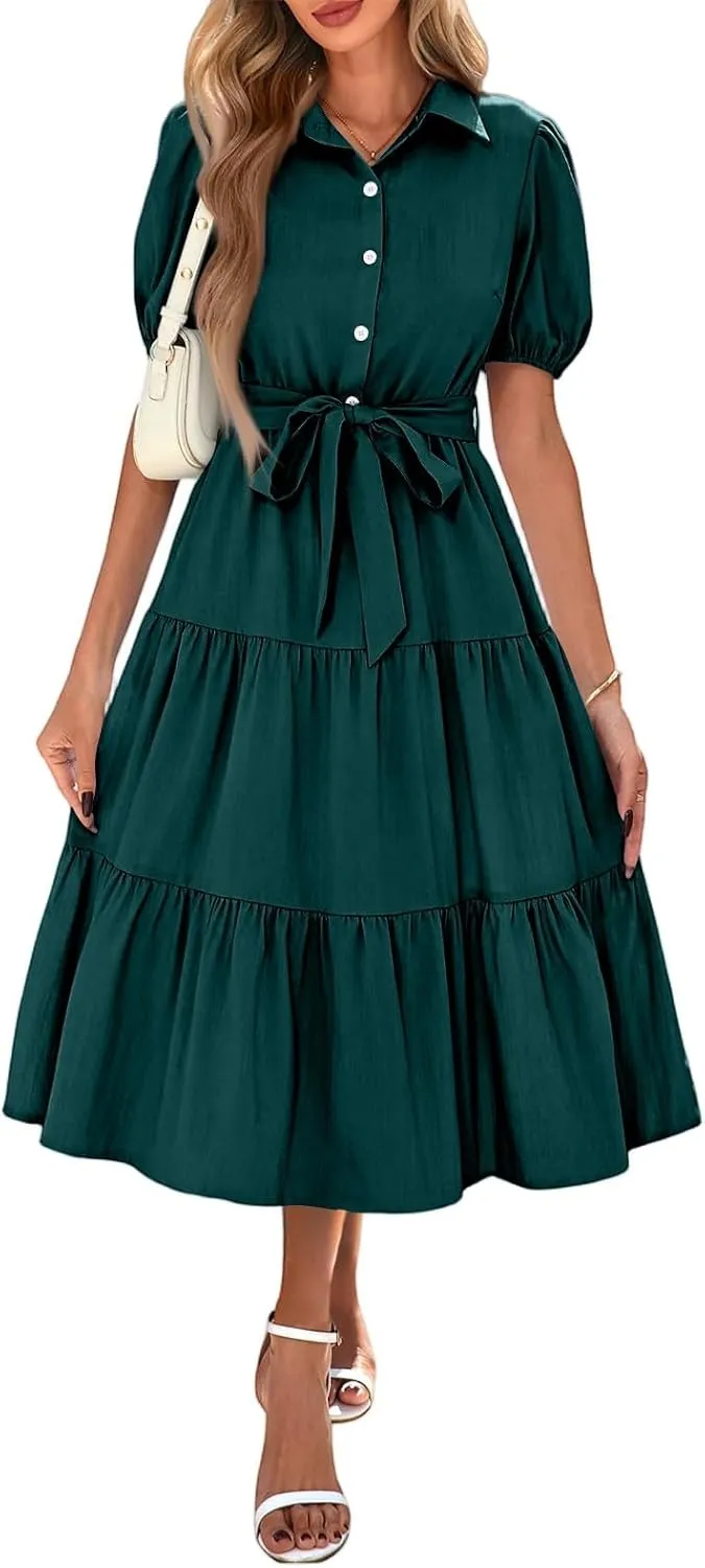 PETYCZEN Summer Dresses for Women 2025 Casual Tiered Dress Short Sleeve Button Down Belted Maxi Dress A Line Flowy Sundresses