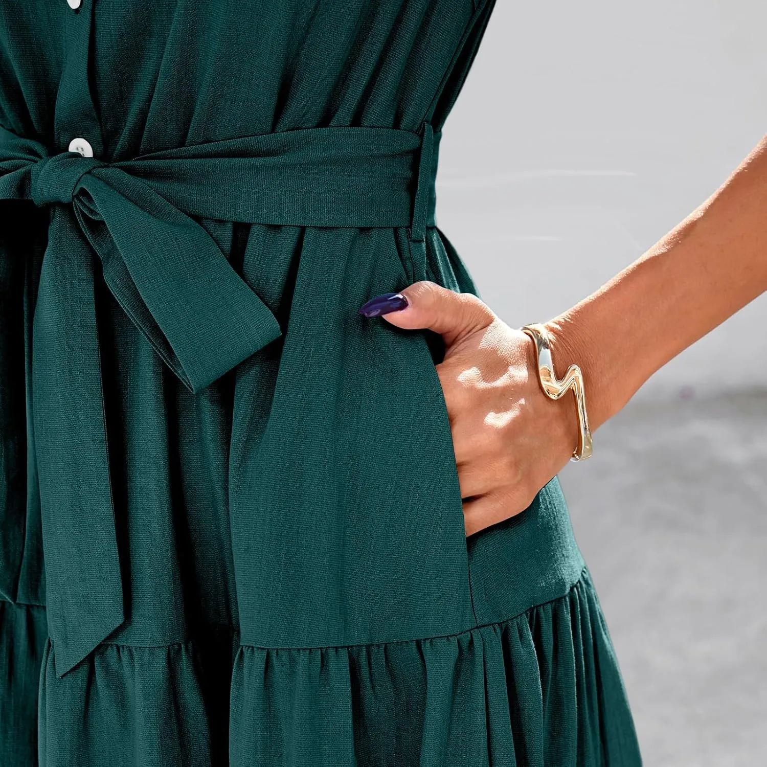 PETYCZEN Summer Dresses for Women 2025 Casual Tiered Dress Short Sleeve Button Down Belted Maxi Dress A Line Flowy Sundresses