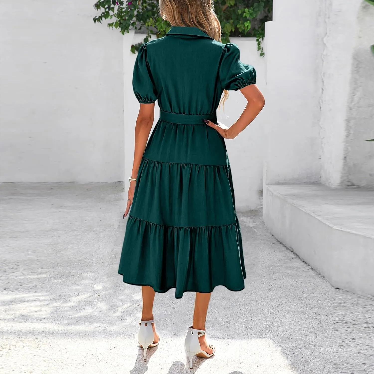 PETYCZEN Summer Dresses for Women 2025 Casual Tiered Dress Short Sleeve Button Down Belted Maxi Dress A Line Flowy Sundresses
