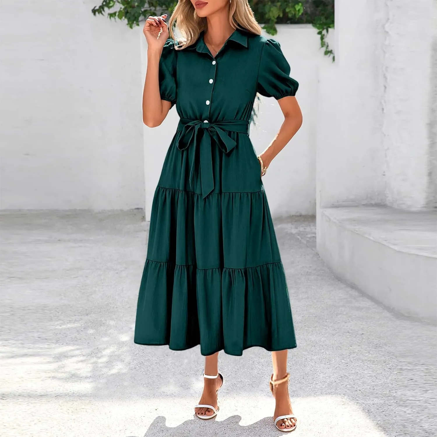 PETYCZEN Summer Dresses for Women 2025 Casual Tiered Dress Short Sleeve Button Down Belted Maxi Dress A Line Flowy Sundresses