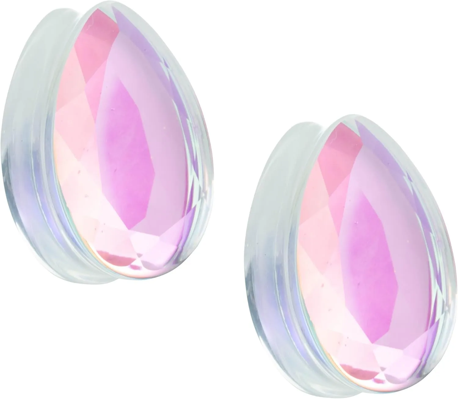 Pierced Owl Teardrop Shaped Iridescent Glass Faceted Double Flared Plugs, Sold as a Pair