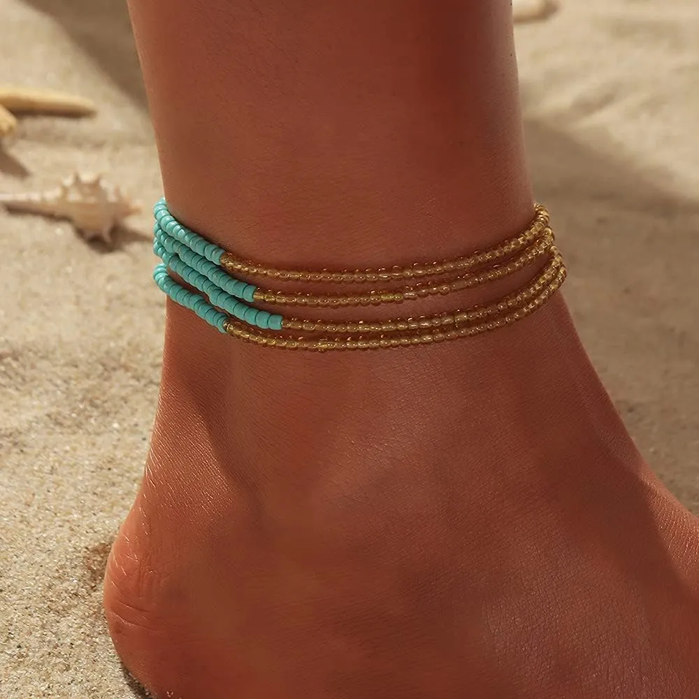 Pingyongchang Boho Handmade Beads African Anklets Set Layered Beach Colorful Stretch Beaded Elastic Foot Hand Chain Anklets Bracelets for Women Jewelry
