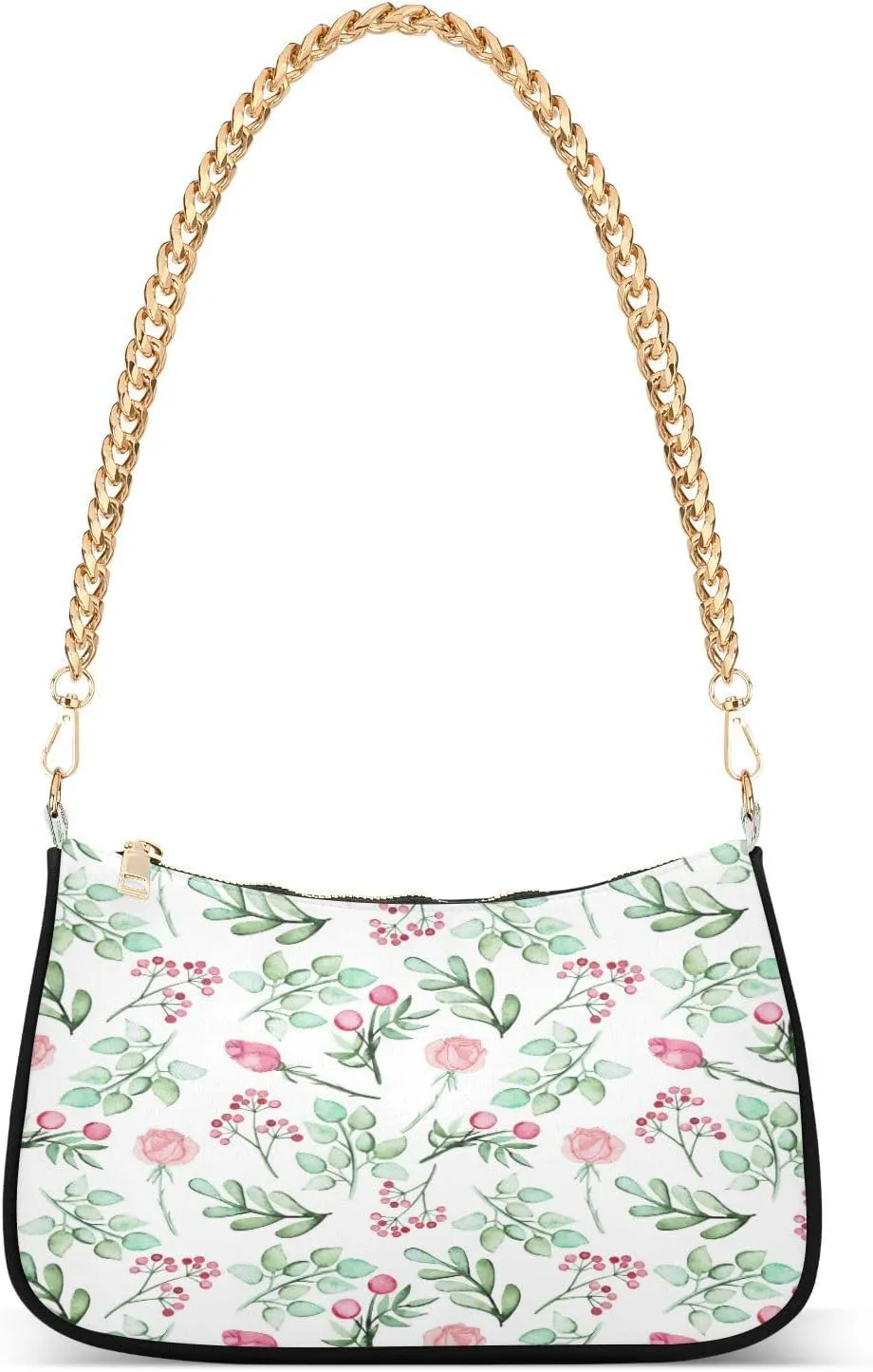 Pink Roses Floral Green Leaves Womens Shoulder Bag for Women Girls Hobo Tote Handbag Gold Chain Crossbody Bag with Zipper Clutch Purse Handbags
