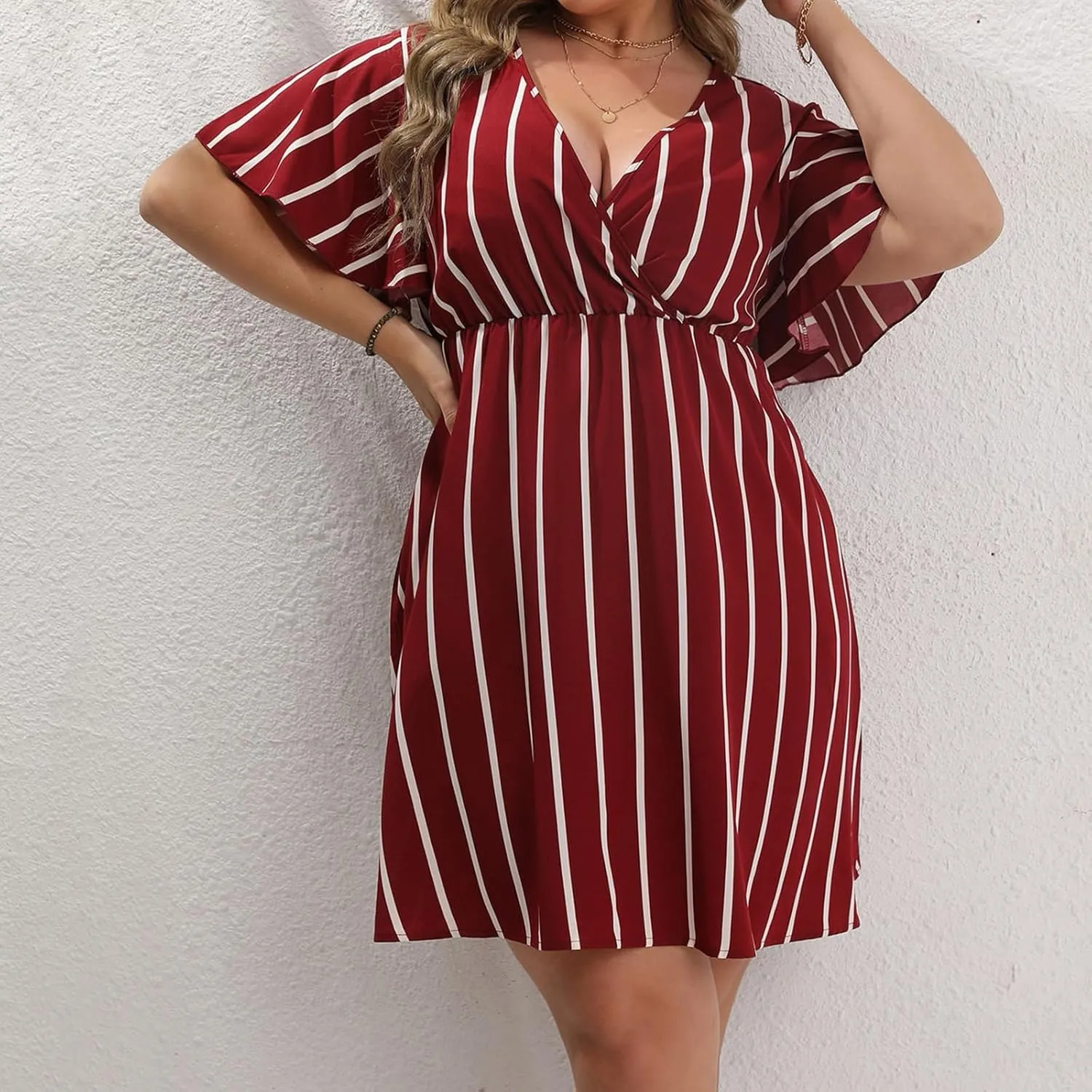Plus Size Dresses for Curvy Women Short Sleeve V Neck Tunic Mini Dress Summer Casual Striped The Waist Sundress 2025