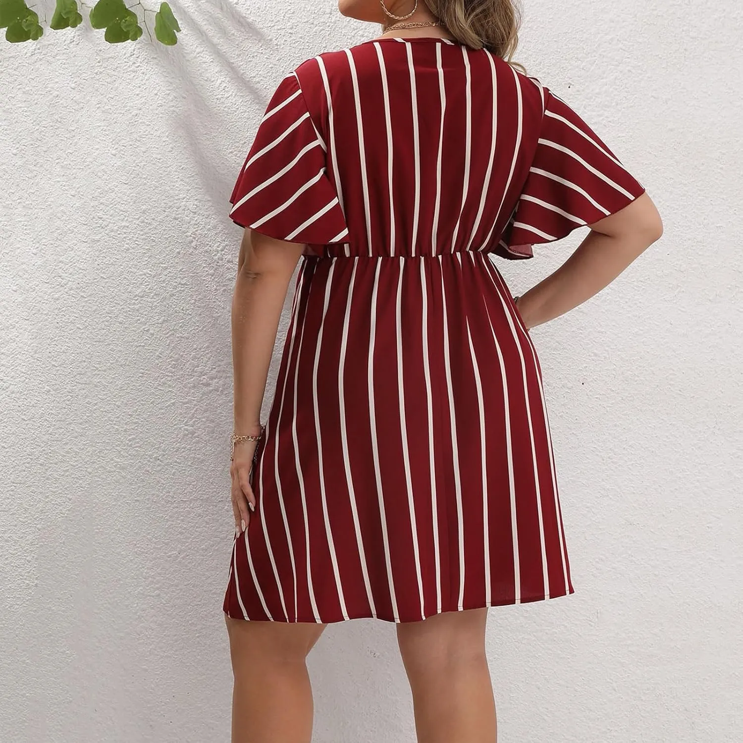 Plus Size Dresses for Curvy Women Short Sleeve V Neck Tunic Mini Dress Summer Casual Striped The Waist Sundress 2025
