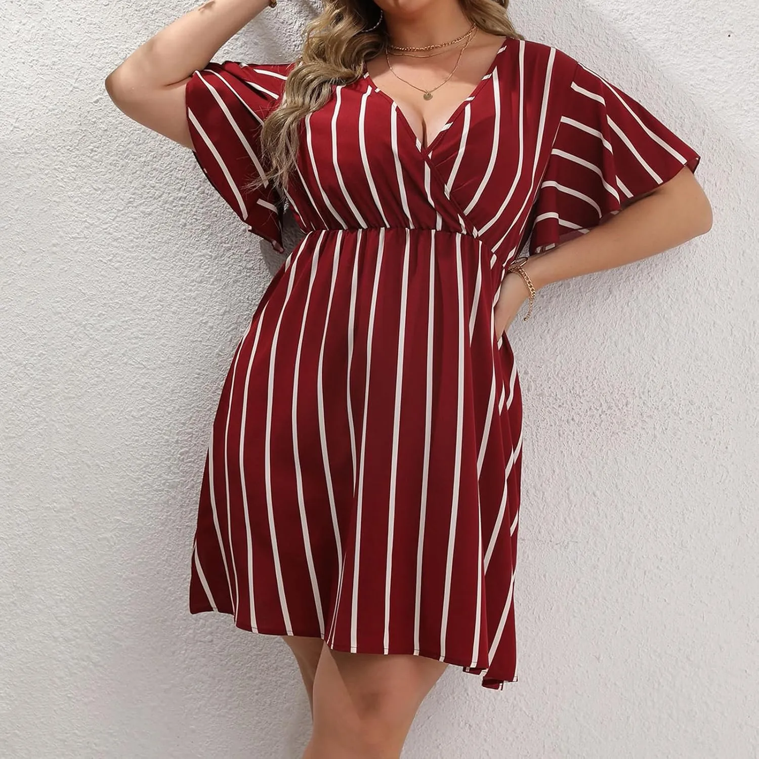 Plus Size Dresses for Curvy Women Short Sleeve V Neck Tunic Mini Dress Summer Casual Striped The Waist Sundress 2025